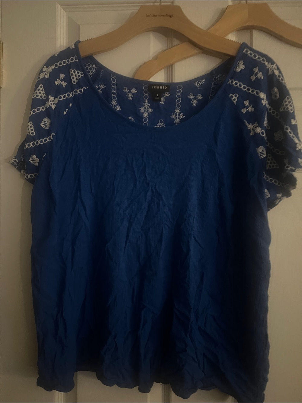 torrid Royal Blue Top with White Embroidered Sleeves